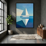 Ocean Sea Minimalist Geometric Wall Art – Sailboat on Calm Blue Water