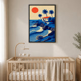 Ocean Sea Retro Coastal Wall Art – Palm House Above Blue Waves