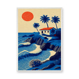 Ocean Sea Retro Coastal Wall Art – Palm House Above Blue Waves