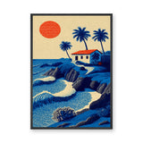 Ocean Sea Retro Coastal Wall Art – Palm House Above Blue Waves