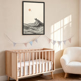 Ocean Wave Minimalist Line Art Wall Art – Boat and Pink Sun Coastal Print