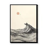 Ocean Wave Minimalist Line Art Wall Art – Boat and Pink Sun Coastal Print