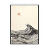 Ocean Wave Minimalist Line Art Wall Art – Boat and Pink Sun Coastal Print