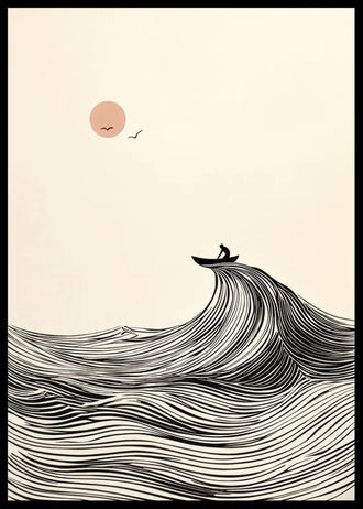 Ocean Wave Minimalist Line Art Wall Art – Boat and Pink Sun Coastal Print