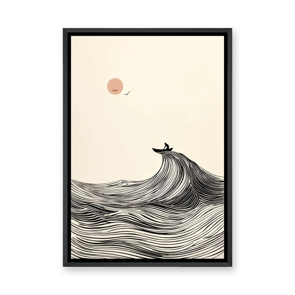 Ocean Wave Minimalist Line Art Wall Art – Boat and Pink Sun Coastal Print