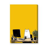 Office Cat Modern Wall Art – Funny White Cat Desk Scene in Yellow