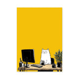 Office Cat Modern Wall Art – Funny White Cat Desk Scene in Yellow