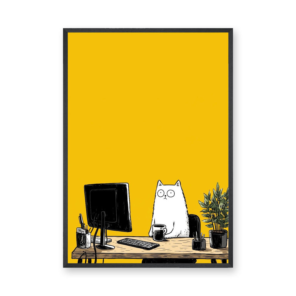 Office Cat Modern Wall Art – Funny White Cat Desk Scene in Yellow