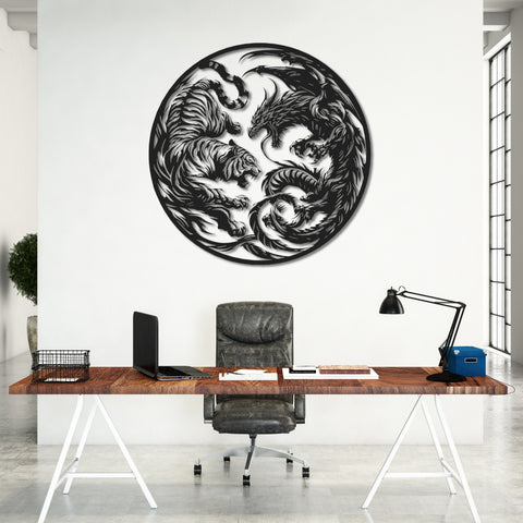 Tiger Dragon Face Off Metal Wall Art