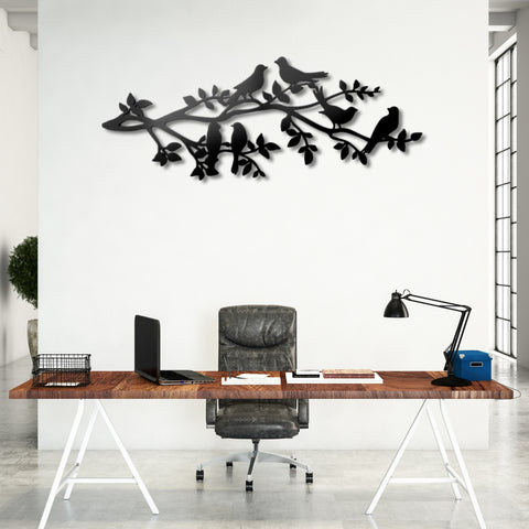 Six Birds on Tree Branches Metal Wall Art