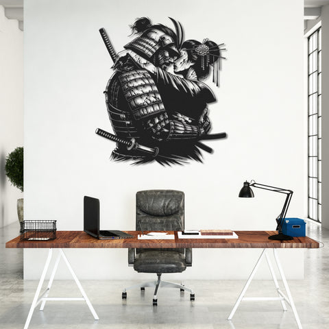 Japanese Samurai & Geisha Embrace Metal Wall Art