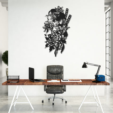 Geisha With Katana Metal Wall Art