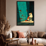Orange Cat Modern Wall Art – Sunlit Cat Beside a Weathered Teal Wall