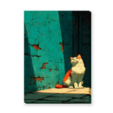 Orange Cat Modern Wall Art – Sunlit Cat Beside a Weathered Teal Wall