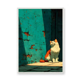 Orange Cat Modern Wall Art – Sunlit Cat Beside a Weathered Teal Wall