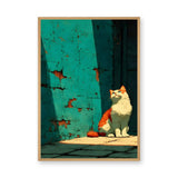 Orange Cat Modern Wall Art – Sunlit Cat Beside a Weathered Teal Wall