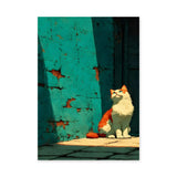 Orange Cat Modern Wall Art – Sunlit Cat Beside a Weathered Teal Wall