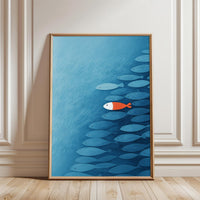 Orange Fish Understated Wall Print Poster – Sleek Blue and Orange Fish Print