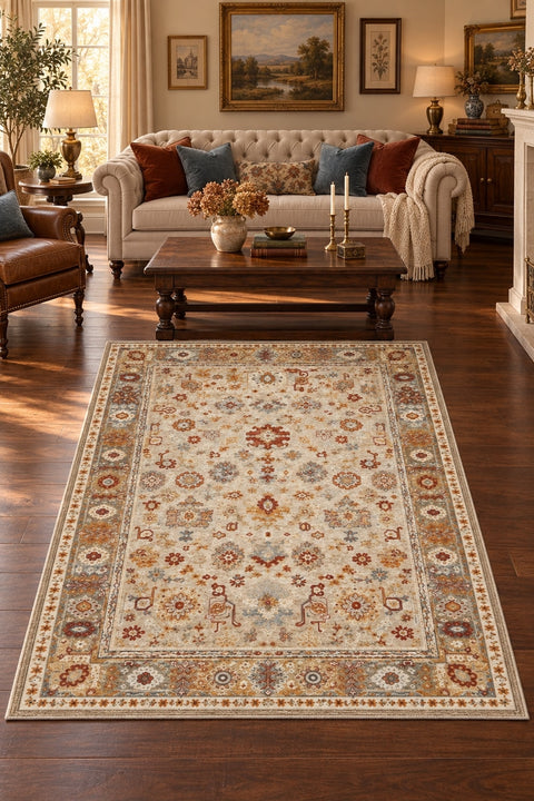 Oriens Ethnic Area Rug – Beige in a living room