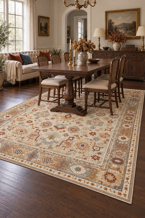 Oriens Ethnic Area Rug – Beige in a dining room