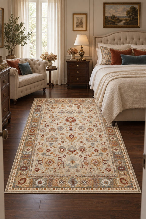 Oriens Ethnic Area Rug – Beige in a bedroom