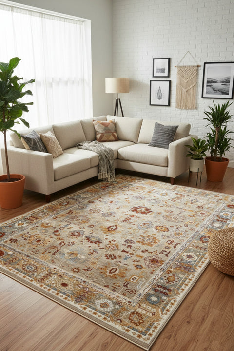 Oriens Ethnic Area Rug – Beige in a living room