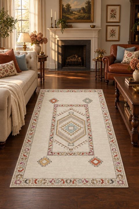 Oriens Ethnic Area Rug – Cream in a living room
