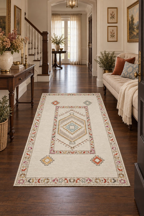 Oriens Ethnic Area Rug – Cream in a hallway