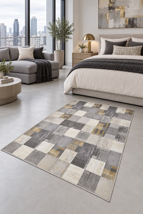Oriens Ethnic Area Rug – Gray in a bedroom