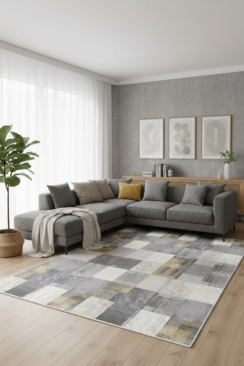Oriens Ethnic Area Rug – Gray in a living room