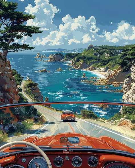 Coastal Road Trip Heritage Car Wall Décor Print – Aesthetic Seaside Print for Home Decor
