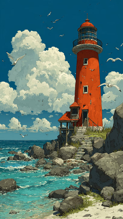 Red Lighthouse Coastal Wall Print – Aesthetic Seaside Print for Nautical Home Décor
