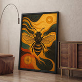 Ornate Bee Art Deco Wall Art – Black Gold Insect with Teal Swirls
