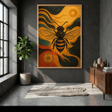 Ornate Bee Art Deco Wall Art – Black Gold Insect with Teal Swirls