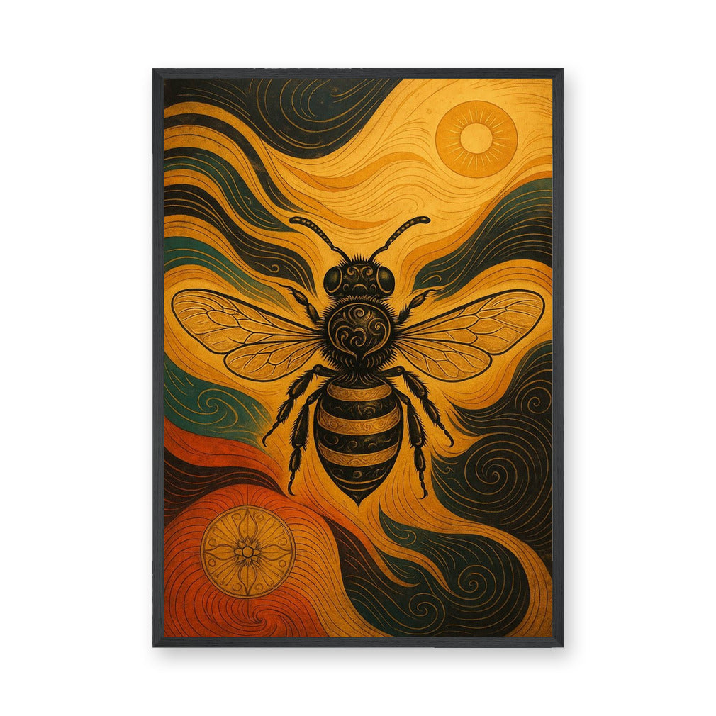Ornate Bee Art Deco Wall Art – Black Gold Insect with Teal Swirls