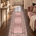 Ornate Geometric Modern Runner Rug – Pink in a hallway