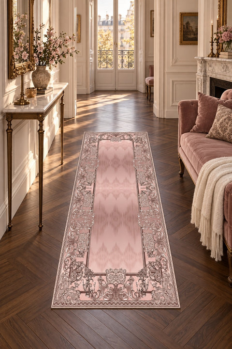 Ornate Geometric Modern Runner Rug – Pink in a hallway