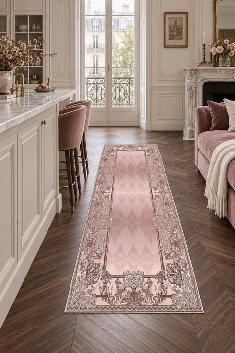 Ornate Geometric Modern Runner Rug – Pink in a kitchen