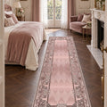 Ornate Geometric Modern Runner Rug – Pink in a bedroom