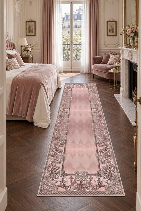 Ornate Geometric Modern Runner Rug – Pink in a bedroom