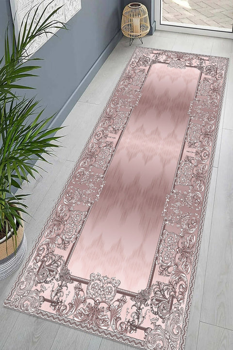 Ornate Geometric Modern Runner Rug – Pink in a hallway