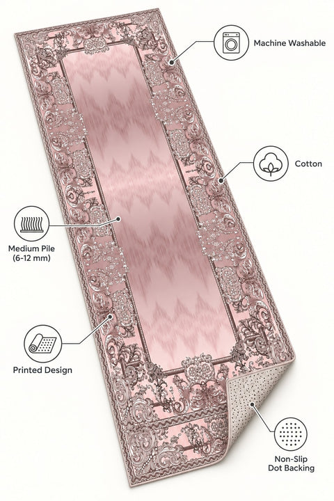 Ornate Geometric Modern Runner Rug – Pink – features