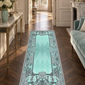 Ornate Geometric Modern Runner Rug – Turquoise in a hallway
