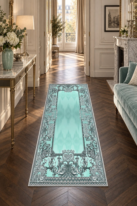 Ornate Geometric Modern Runner Rug – Turquoise in a hallway
