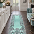 Ornate Geometric Modern Runner Rug – Turquoise in a kitchen