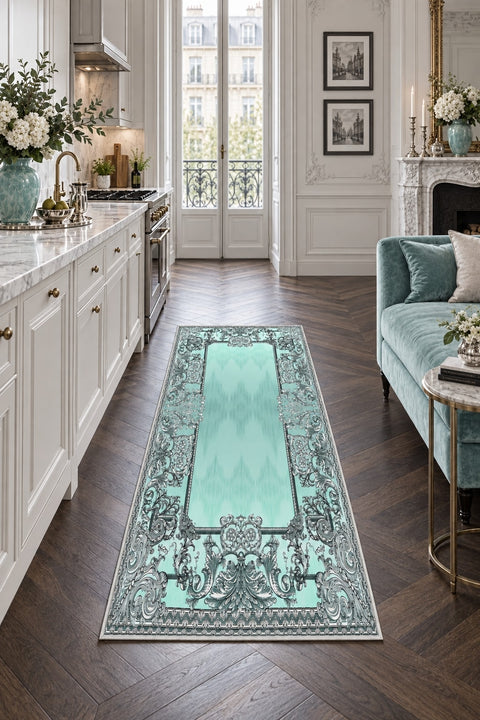 Ornate Geometric Modern Runner Rug – Turquoise in a kitchen