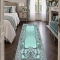 Ornate Geometric Modern Runner Rug – Turquoise in a bedroom