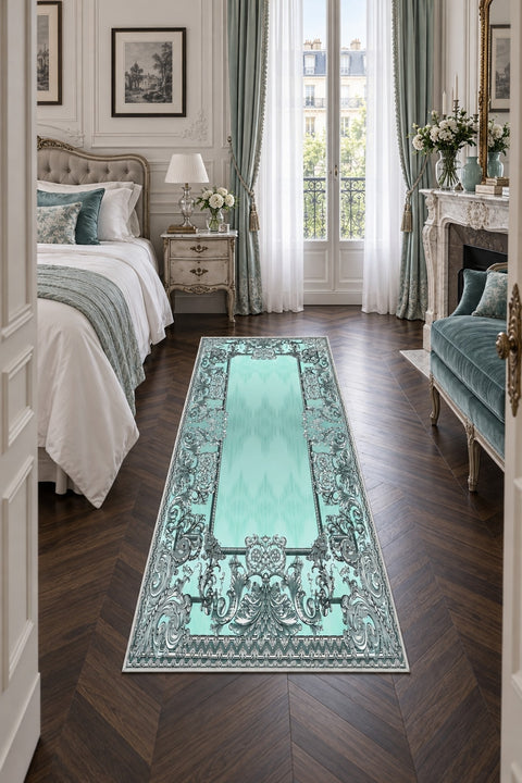 Ornate Geometric Modern Runner Rug – Turquoise in a bedroom