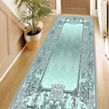 Ornate Geometric Modern Runner Rug – Turquoise in a hallway