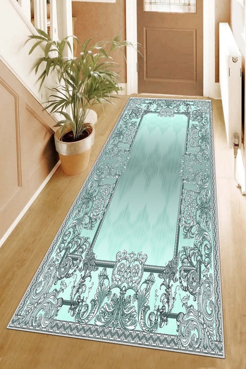 Ornate Geometric Modern Runner Rug – Turquoise in a hallway